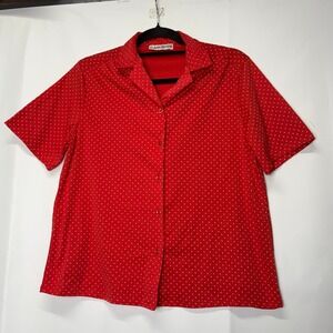 Vintage Red Polka Dot Button Down Shirt Women's‎ Short Sleeve Blouse 60s 70s Top